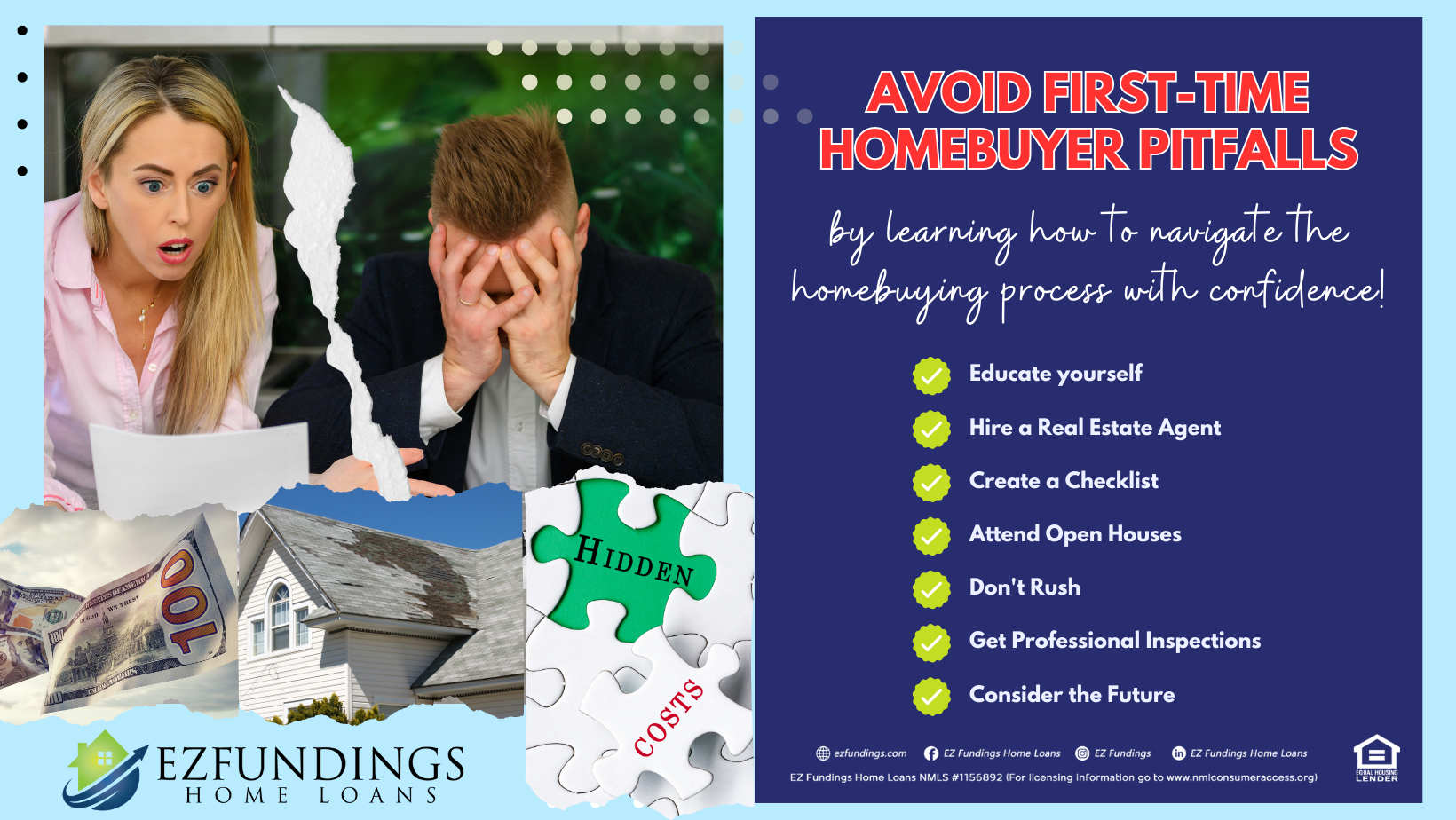 A photo showing couples who are in trouble of their dream home. However added in the photo are ways to Avoiding First-Time Home Buyer Pitfalls by learning how to navigate the homebuying process with confidence such as 1) Educate yourself, 2) Hire a Real Estate, 3) Create a Checklist and more.