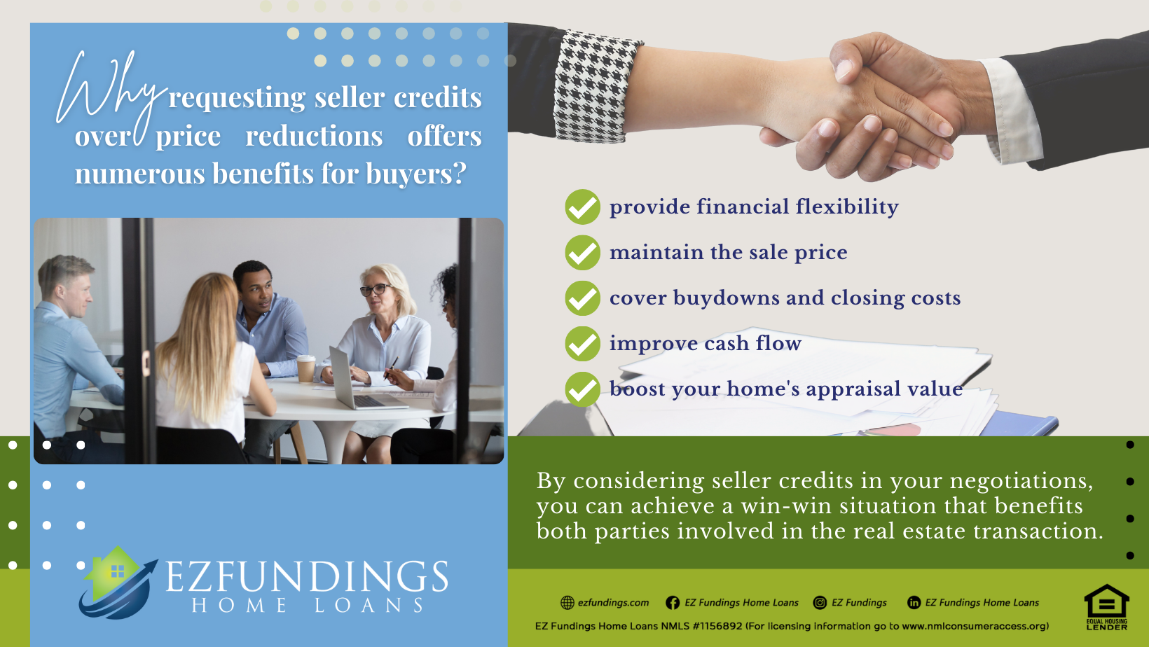 The image shows buyers negotiating with sellers. The text also says "Why requesting seller credits over price reductions offers numerous benefits for buyers? Bullet points include: provide financial flexibility, maintain the sale price, cover buydowns and closing costs, improve cash flow, and boost your home's appraisal value. And by considering seller credits in your negotiations, you can achieve a win-win situation that benefits both parties involved in the real estate transaction.