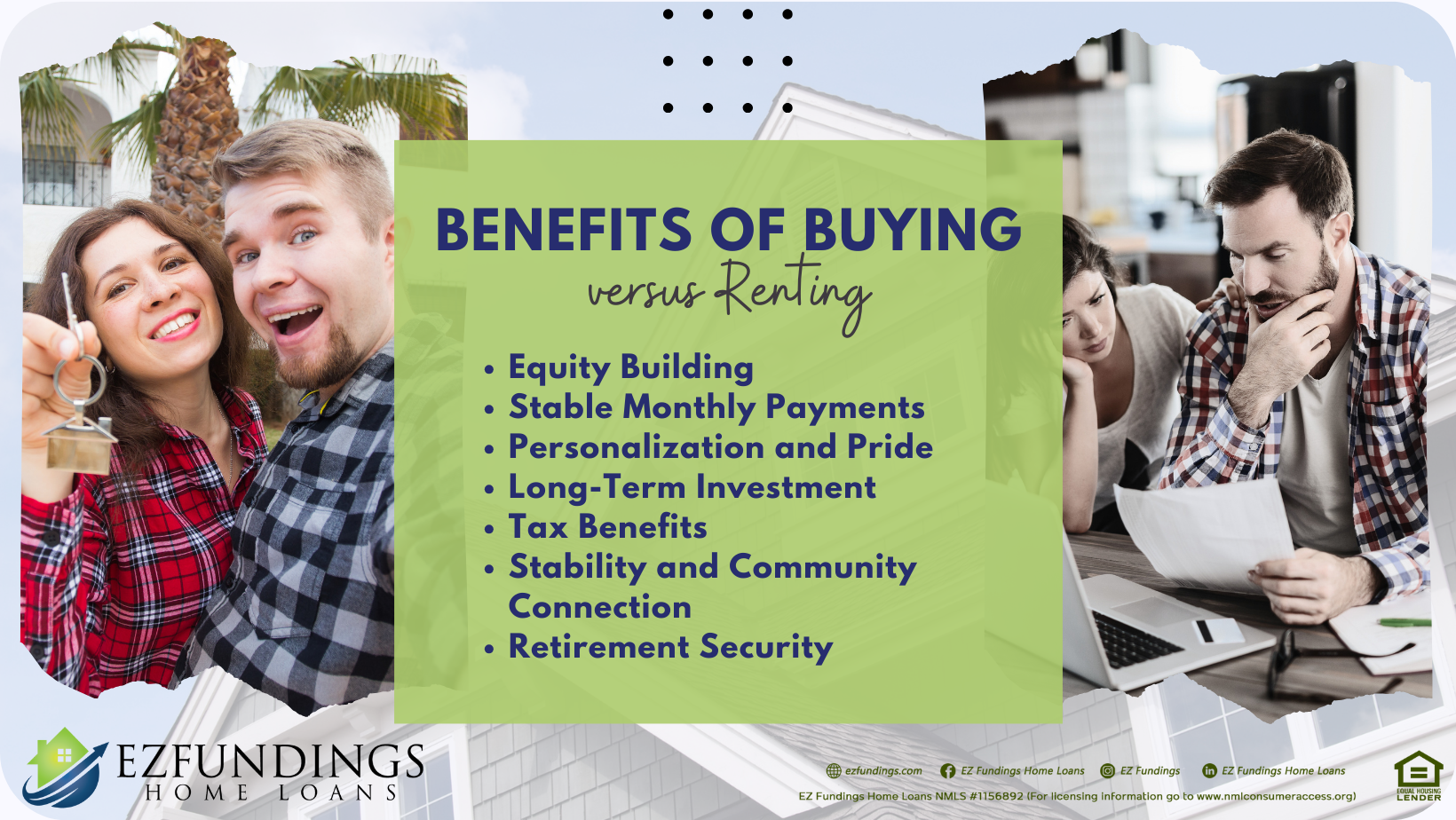 A comparative image between new happy home buyers who are experiencing advantages of buying, than those are still renters paying rent bills.