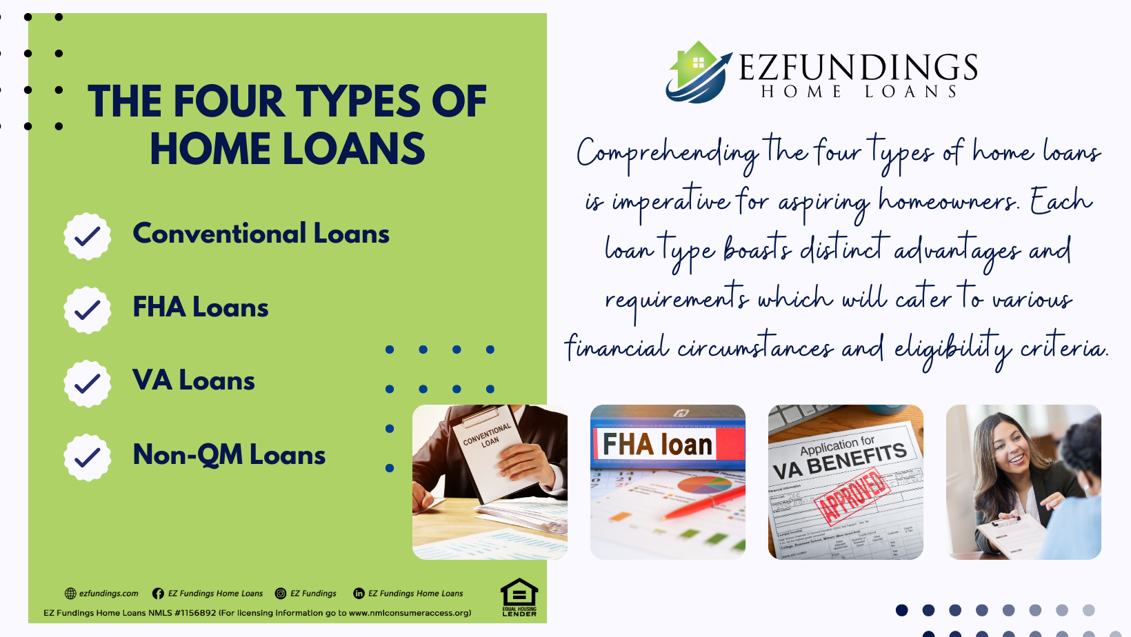 The Four Types of Home Loans: Conventional, FHA, VA, Non-QM. Navigate lending with tailored perks & requirements.